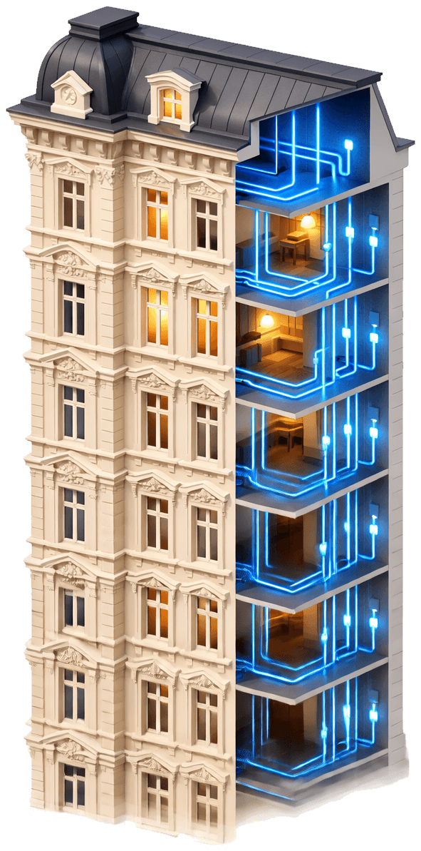 Wiener Altbau mit leuchtenden Stromleitungen — unser Revier: die Elektrik dahinter