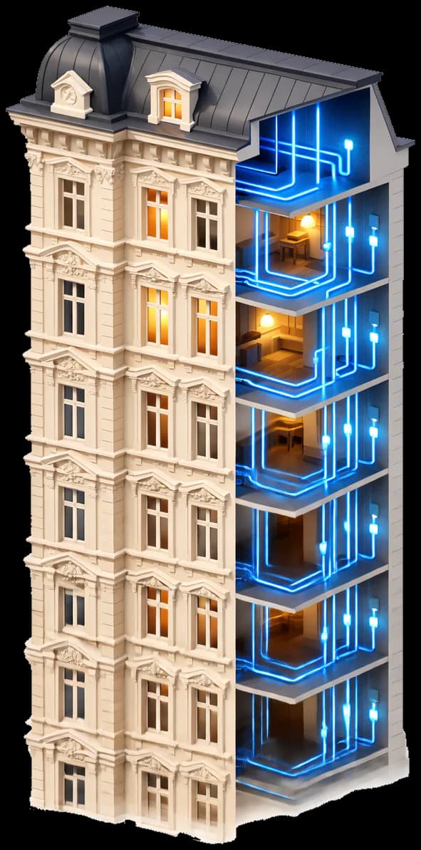 Wiener Altbau mit leuchtenden Stromleitungen — unser Revier: die Elektrik dahinter